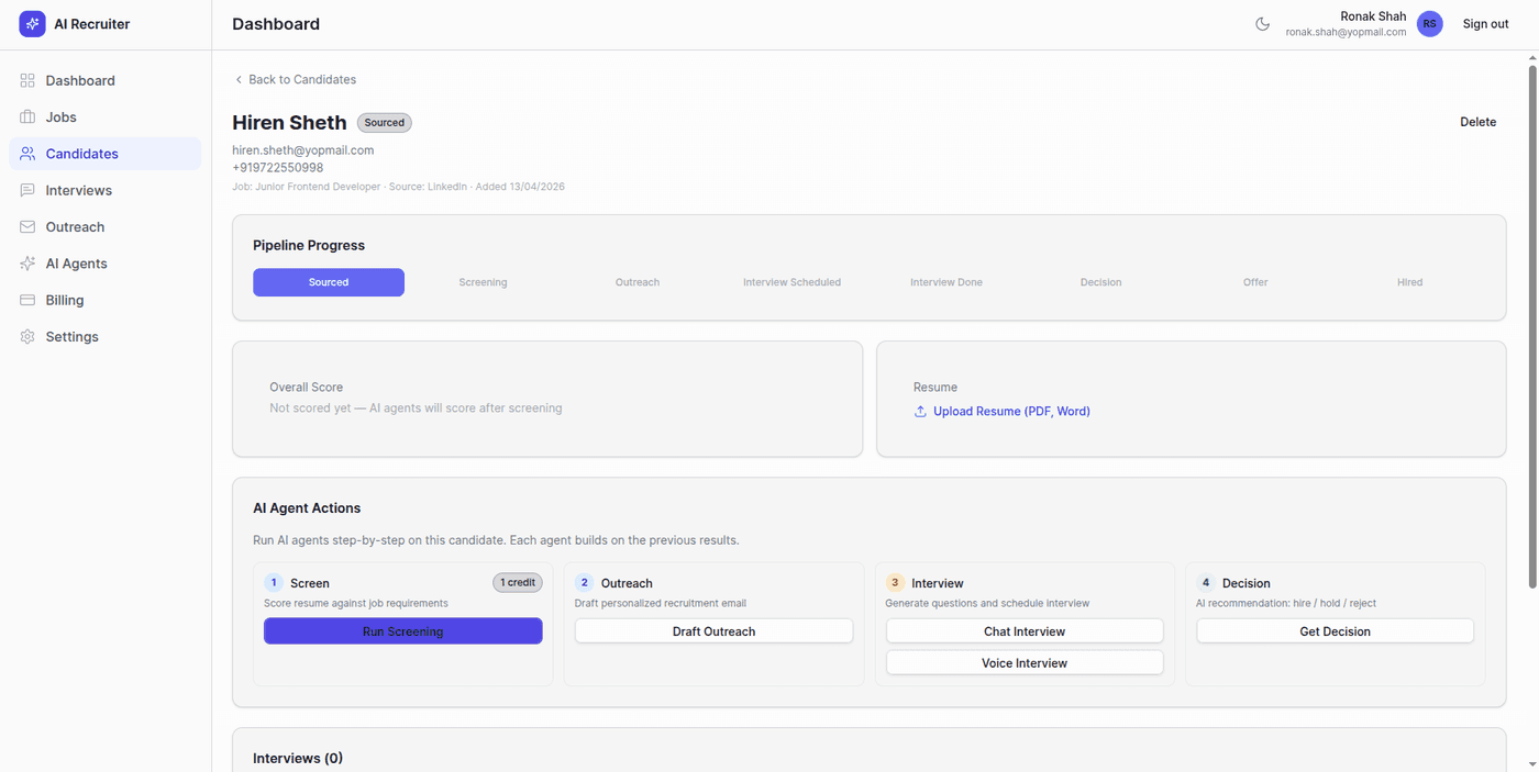 AI Recruiter — candidate pipeline with step-by-step AI agent actions