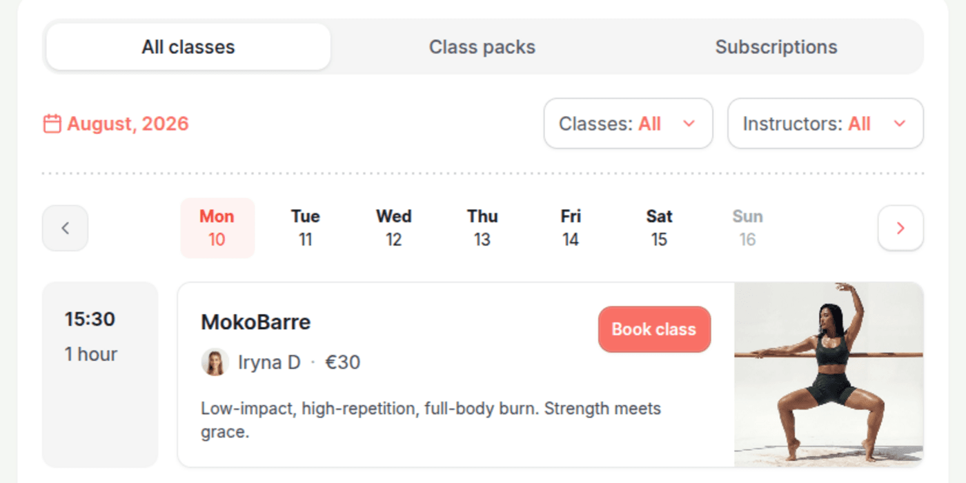 Mokoboko customer storefront — weekly class schedule with booking