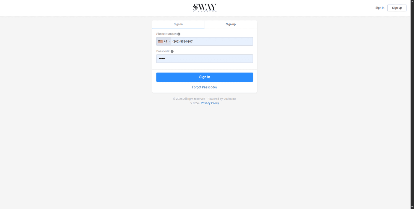 Vuuka widget — phone number sign-in